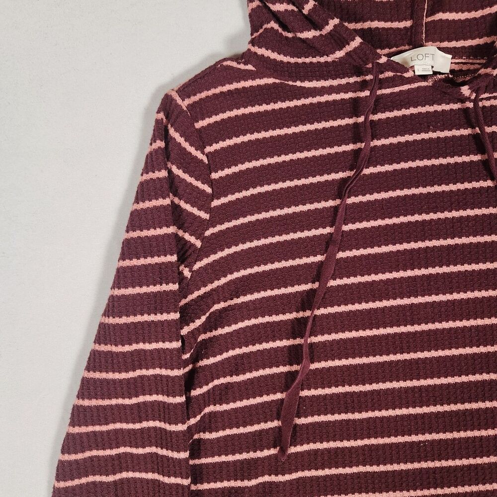 LOFT Women's L Maroon Pink Striped Waffle Knit Hooded Knit Top Hoodie - Picture 2 of 8